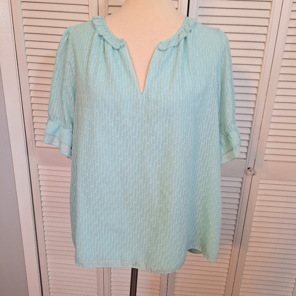 Kaari Blue Aqua Eyelet Blouse with Ruffle Trim XL *C4
